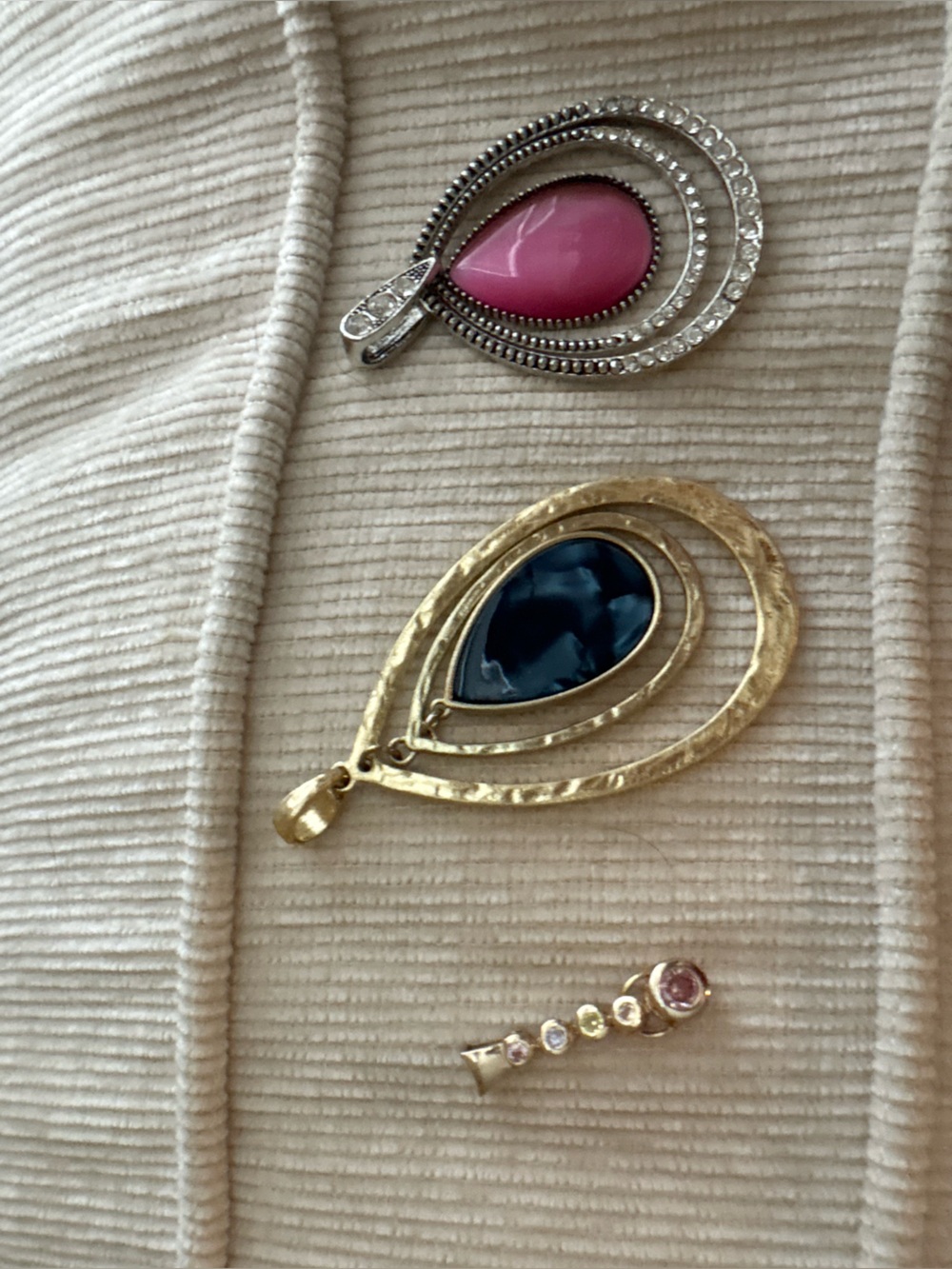Various Necklace Pendants , Layered Teardrop gold tone, Silver & pink , black st